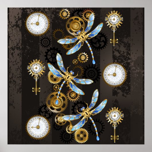Poster Libellules Steampunk sur fond brun rayé (Devant)