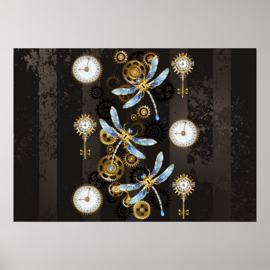 Poster Libellules Steampunk sur fond brun rayé (Devant)