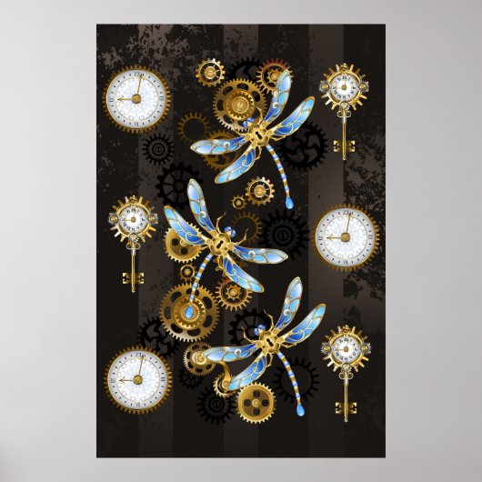 Poster Libellules Steampunk sur fond brun rayé (Devant)