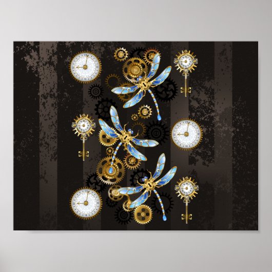 Poster Libellules Steampunk sur fond brun rayé (Devant)