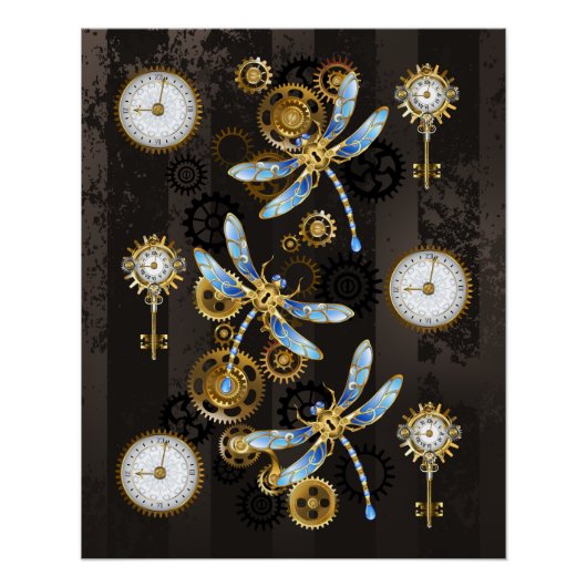 Poster Libellules Steampunk sur fond brun rayé (Devant)