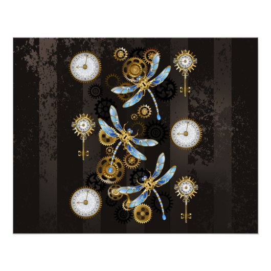 Poster Libellules Steampunk sur fond brun rayé (Devant)