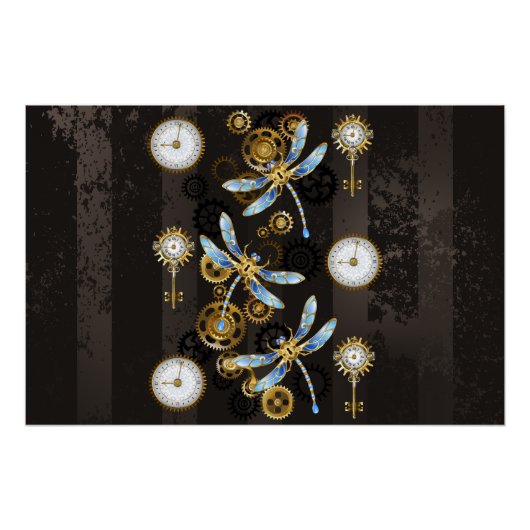 Poster Libellules Steampunk sur fond rayé marron (Devant)
