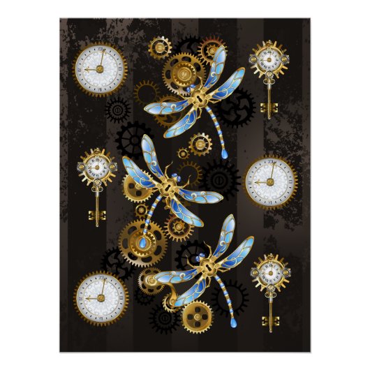 Poster Libellules Steampunk sur fond rayé marron (Devant)
