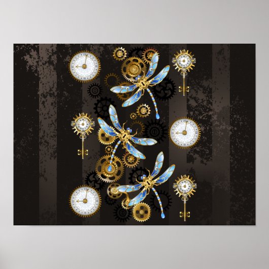 Poster Libellules Steampunk sur fond rayé marron (Devant)