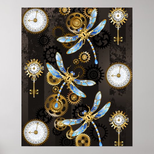 Poster Libellules Steampunk sur fond rayé marron (Devant)