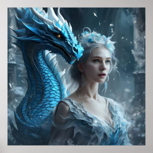 Poster - Licht Ice Blue Dragon en Meisje AI afbeel