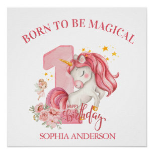 Poster Licorne 1er Anniversaire Fille Rose