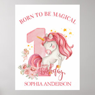 Poster Licorne 1er Anniversaire Fille Rose