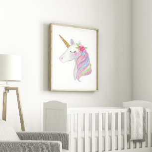 Poster Licorne à l'aquarelle pour filles mignonnes imprim
