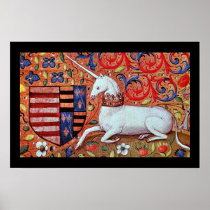 POSTER LICORNE AVEC MOTIFS FLORAUX ROUGE BLEU
