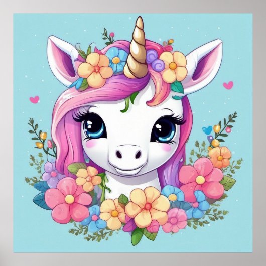 Poster Licorne Bébé Magique avec des Fleurs (Devant)