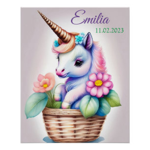 Poster Licorne dans le panier - motif enfant aquarelle