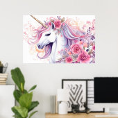 Poster Licorne Florale Aquarelle Rose Clair (Bureau à domicile)