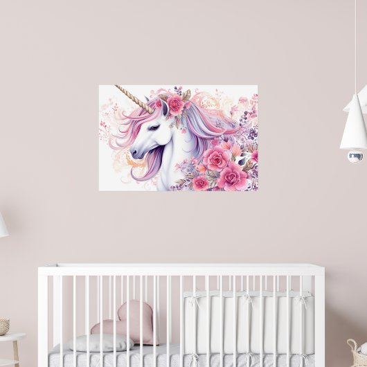 Poster Licorne Florale Aquarelle Rose Clair (Pépinière 2)