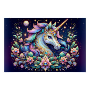 Poster Licorne Florale aux Tons de Bijoux Fantastique