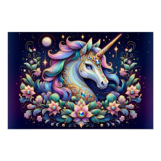 Poster Licorne Florale aux Tons de Bijoux Fantastique (Devant)