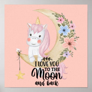 Poster Licorne je t'aime jusqu'à la lune et retour affich