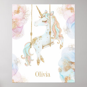 Poster Licorne Magique Rose & Or Nom pour Filles