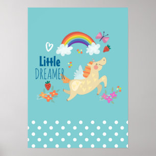 Poster Licorne Nuages et Fleurs Arc-en-ciel Petit Rêveur