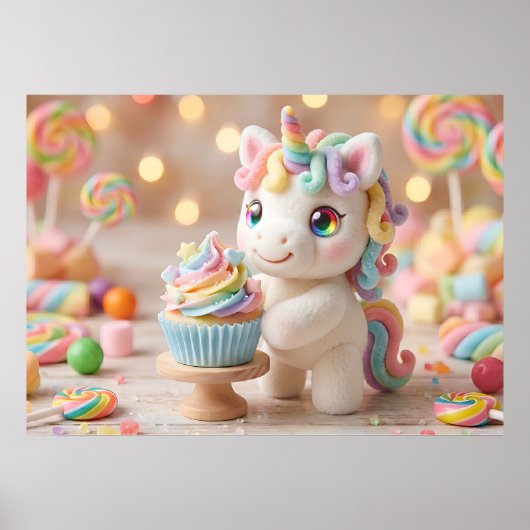 Poster Licorne pastel avec Cupcake arc-en-ciel (Devant)
