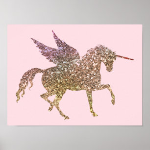 Poster Licorne Pégase Cheval Pailleté Strass Doré Tendanc
