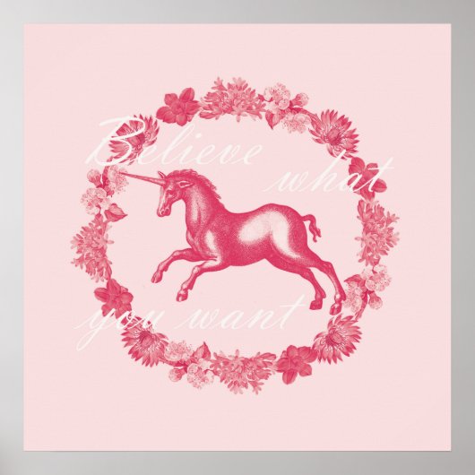 Poster Licorne rose et fleurs (Devant)