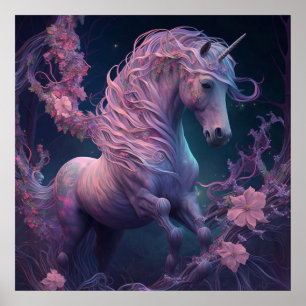 Poster Licorne rose et lilas dans une forêt fleurie