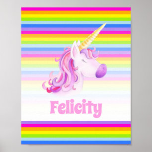 Poster Licorne rose et rayures arc-en-ciel nom personnali