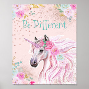 Poster Licorne Rose Turquoise Floral Paillettes Dorées Gl