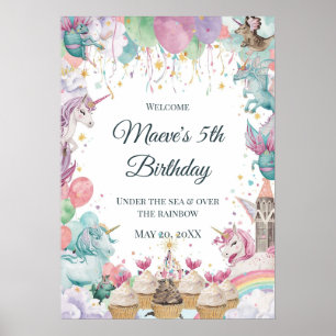 Poster Licorne Sirène Aquarelle Anniversaire Arc-en-ciel