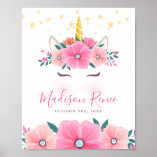 Poster Licorne visage floral étoiles bébé aquarelle
