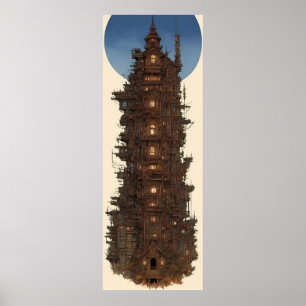 Póster Lienzo vintag art tower castle moon Poster