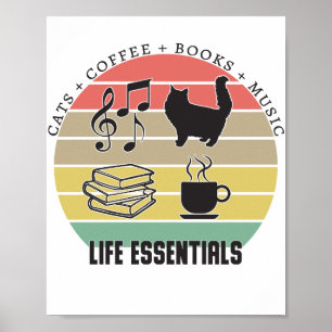 Poster Life Essentials Cats, Coffee, Books, Music Vintage