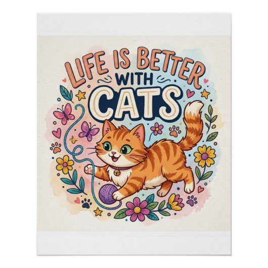 Poster  Life is Better With Cats Watercolor Illustration (Devant)