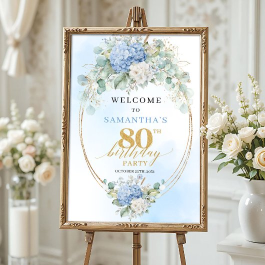 Poster Light Blue Hydrangeas Boho 80th birthday welcome