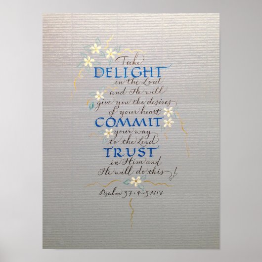 POSTER LIGHT, COMMIT, TRUST, PSALM 37 CALLIGRAPHIE BLUES (Devant)