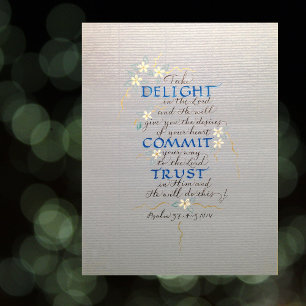 POSTER LIGHT, COMMIT, TRUST, PSALM 37 CALLIGRAPHIE BLUES