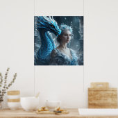 Poster - Light Ice Blue Dragon and Girl AI image (Cuisine)