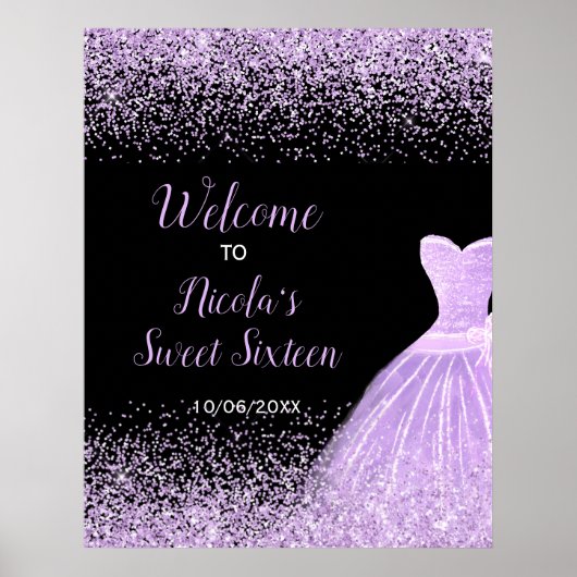 Poster Light Purple Dress Faux Glitter Sweet 16 Welcome (Devant)