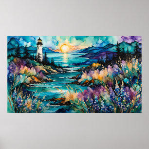 Poster Lighthouse Bay Mountain Fleur sauvage Garden