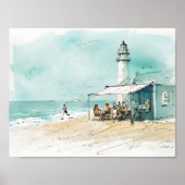 Poster Lighthouse Beach Café – Nautical Sketch Watercolor (Devant)