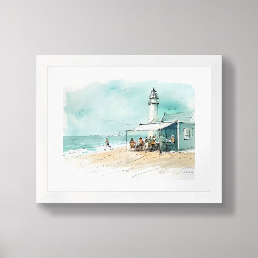 Poster Lighthouse Beach Café – Nautical Sketch Watercolor
