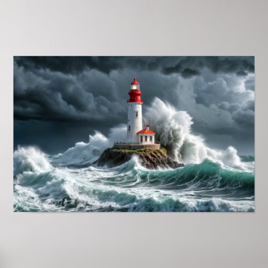 Poster Lighthouse Ocean Storm Majestic Puissante vague (Devant)