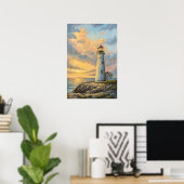 Poster Lighthouse Rocky Coast Sunset. (Bureau à domicile)