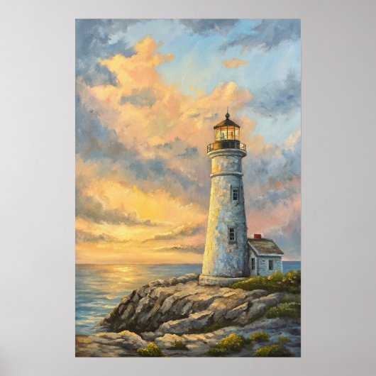Poster Lighthouse Rocky Coast Sunset. (Devant)