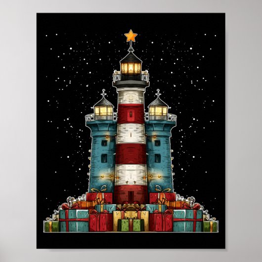 Poster Lighthouse Seaside Christmas Tree Xmas Long Sleeve (Devant)