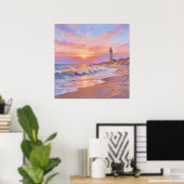 Poster Lighthouse Shore Sunset - Pastel Painting Style (Bureau à domicile)