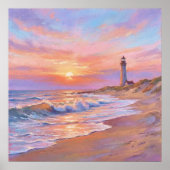 Poster Lighthouse Shore Sunset - Pastel Painting Style (Devant)