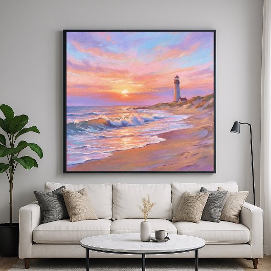 Poster Lighthouse Shore Sunset - Pastel Painting Style